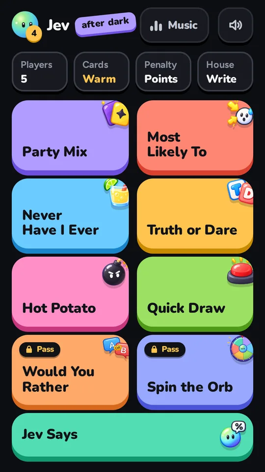 The Jev After Dark home screen with nine game tiles